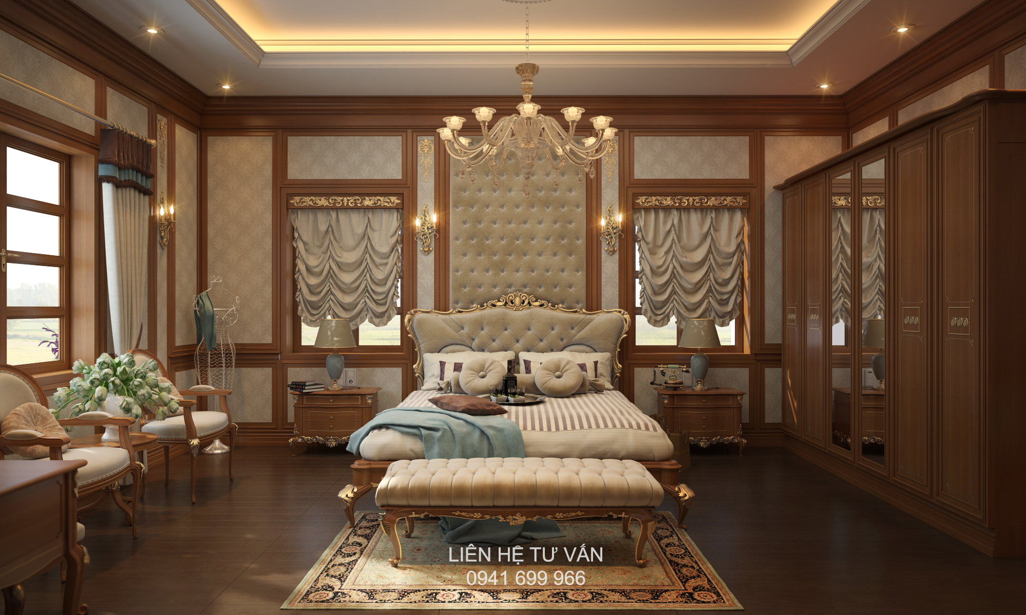 Phòng ngủ với tone màu của gỗ mang phong cách Tân cổ điển
