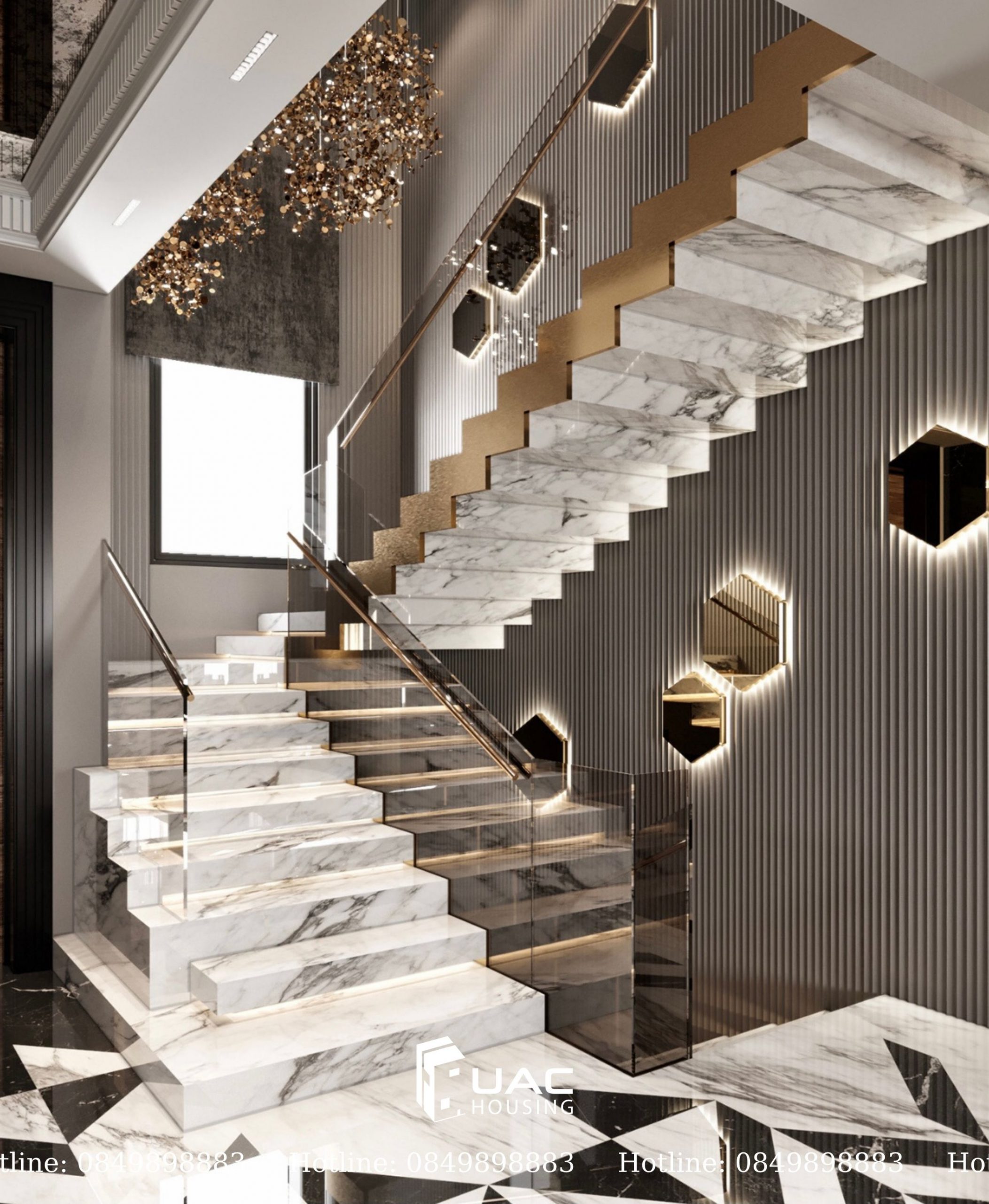 Cầu thang trong phong cách Luxury, kết hợp giữa đá hoa cương và kính cường lực